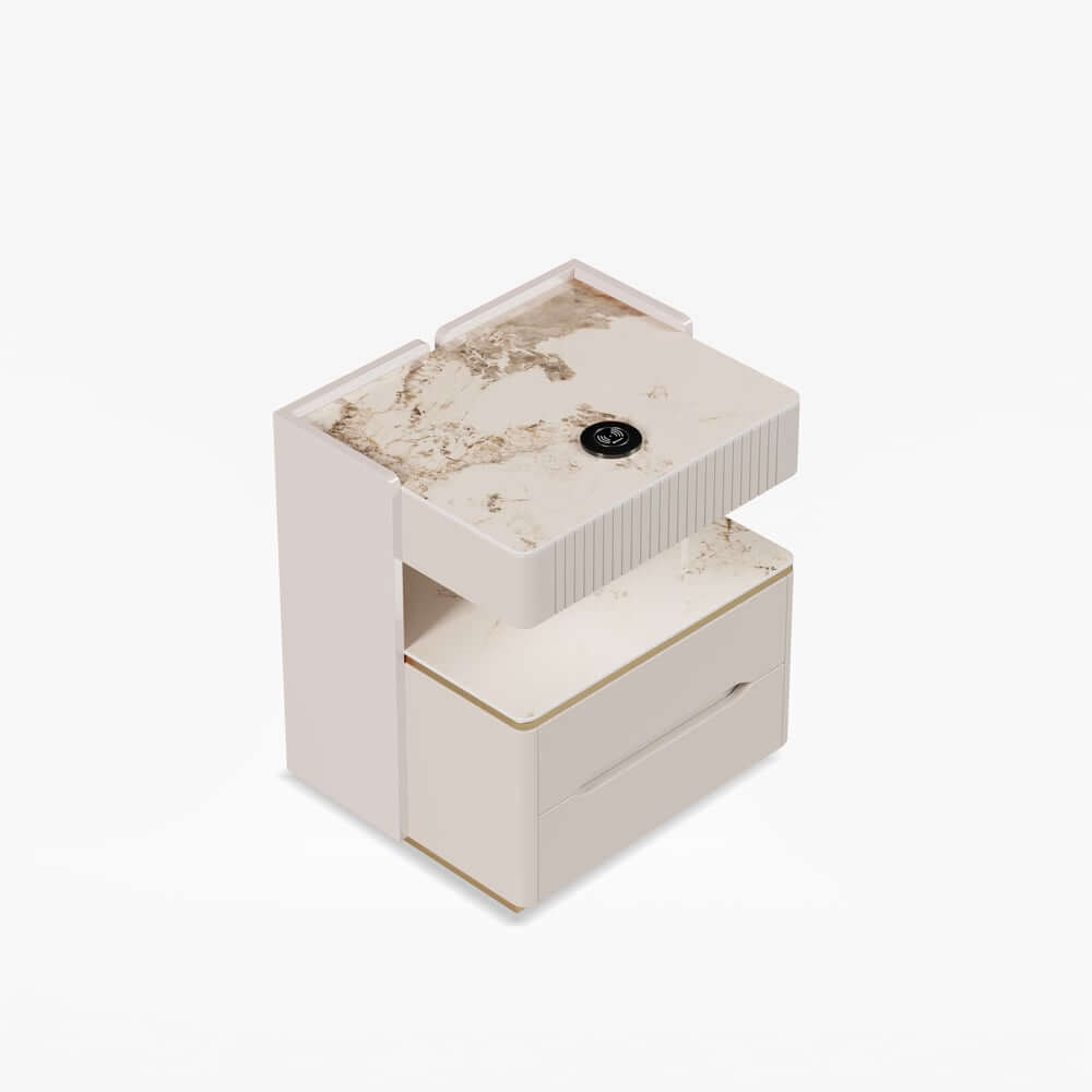 Modern Off-White Bedroom Set with Gold Trim and Shelves