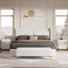 Modern Off-White Bedroom Set with Gold Trim and Shelves