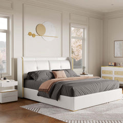 Modern Off-White Bedroom Set with Gold Trim and Shelves