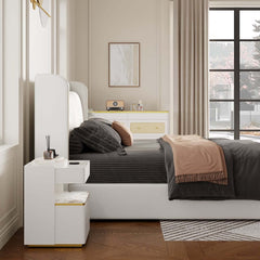 Modern Off-White Bedroom Set with Gold Trim and Shelves