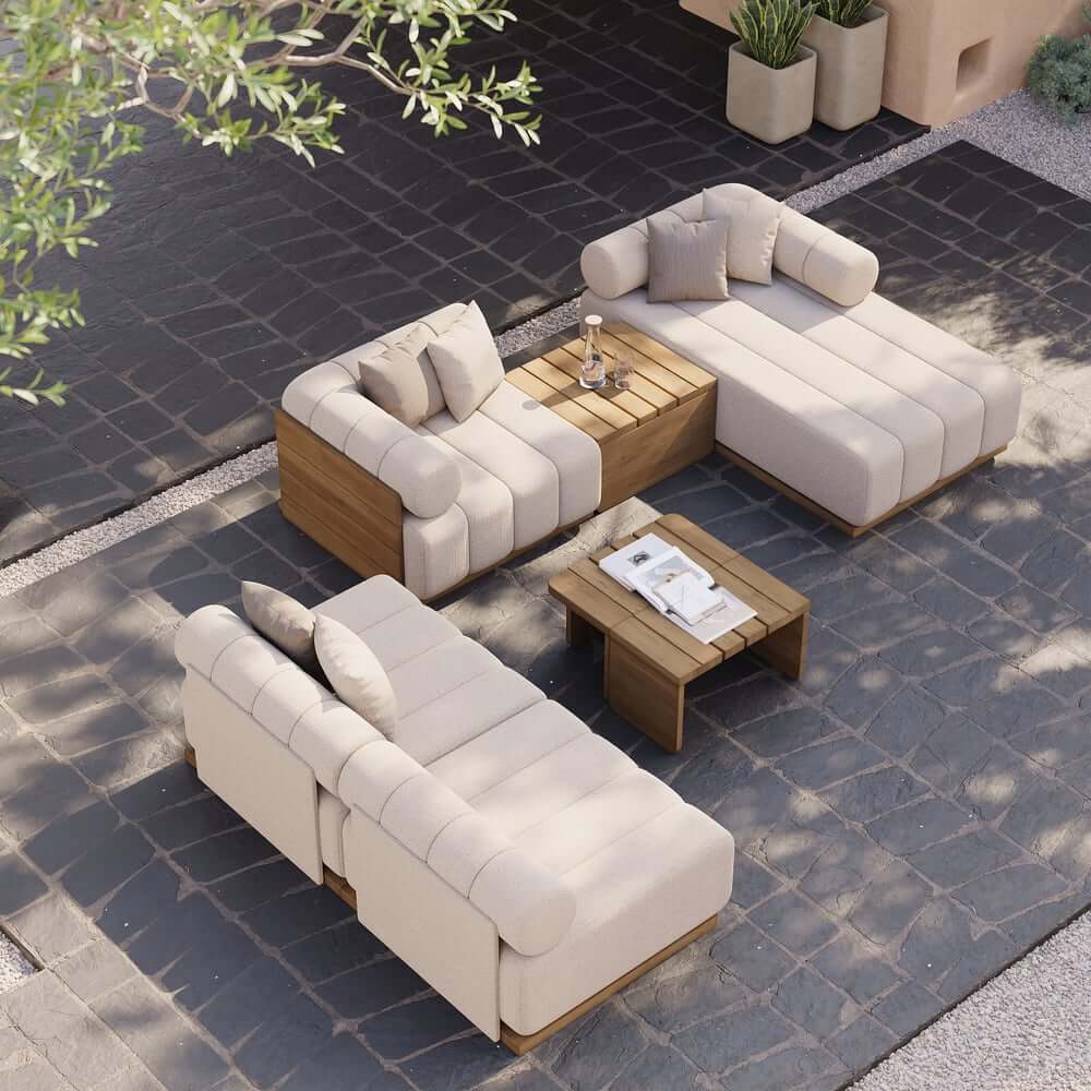 Modern Off White Teak Wood Outdoor Sofa Set with Coffee Table