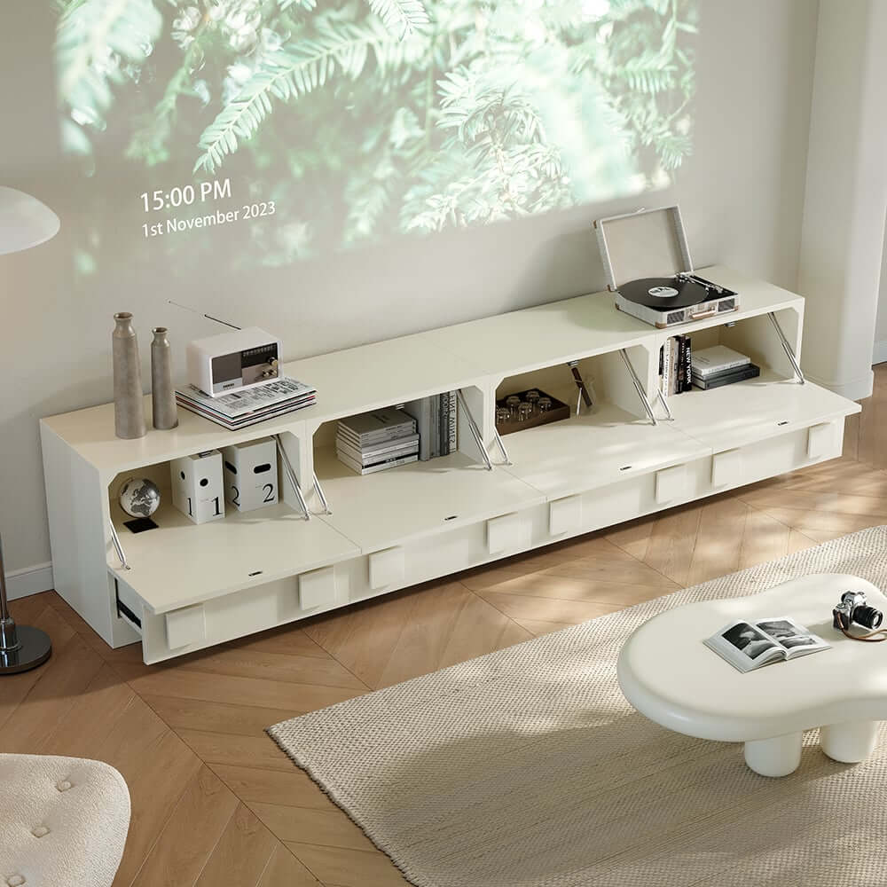 Modern Off-White TV Stand For 80"+ TVs With Doors