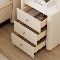 Modern Off-White Upholstered Bed with USB Ports and Gold Accents