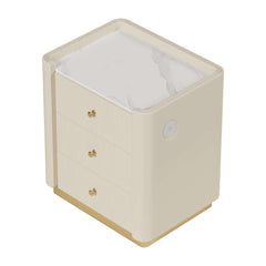 Modern Off-White Upholstered Bed with USB Ports and Gold Accents