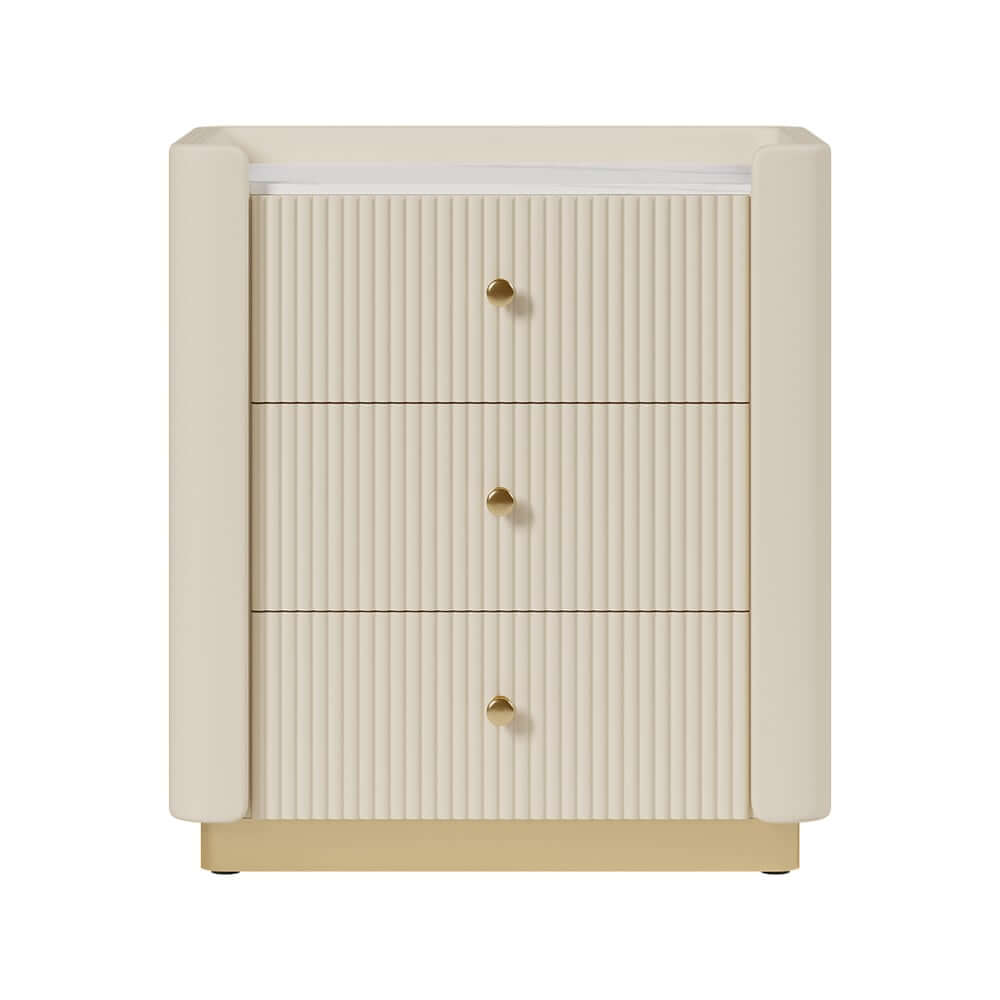 Modern Off-White Upholstered Bed with USB Ports and Gold Accents