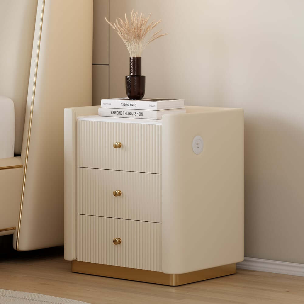 Modern Off-White Upholstered Bed with USB Ports and Gold Accents