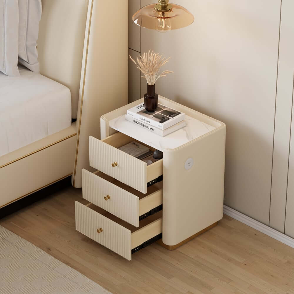 Modern Off-White Upholstered Bed with USB Ports and Gold Accents