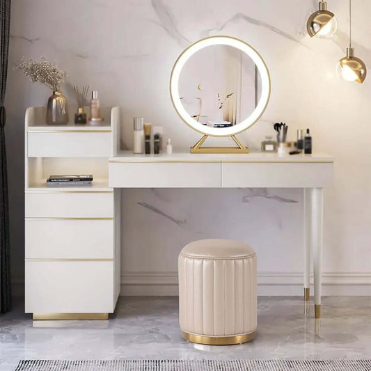 Modern Off-White Vanity Set With LED Mirror & Gold Base Main Product Image