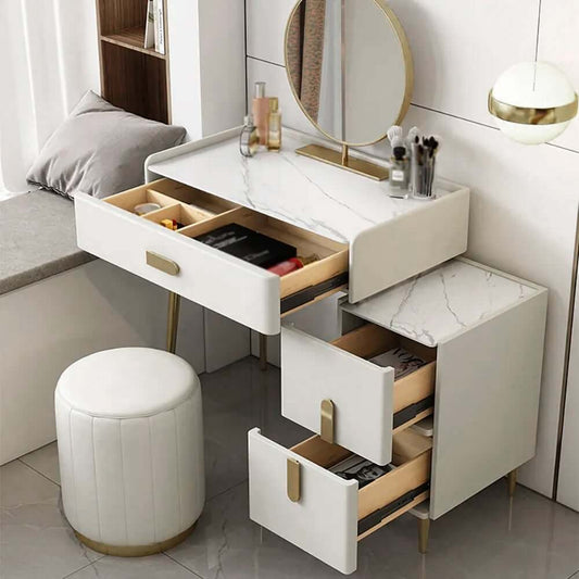 Modern Off-White Vanity with Sintered Stone Top and Gold Frame