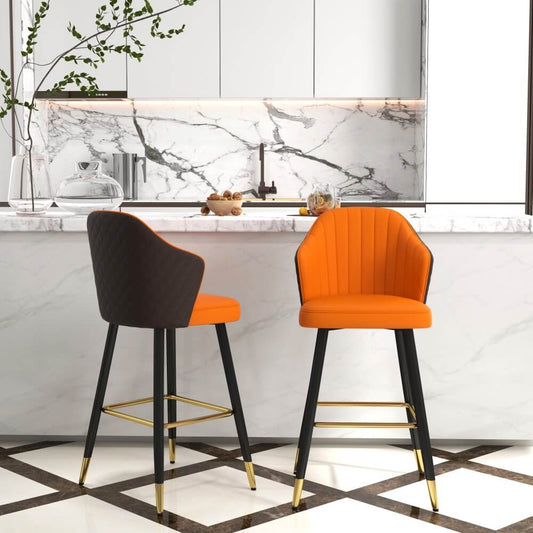 Modern Orange Faux Leather Counter Stool With Footrest