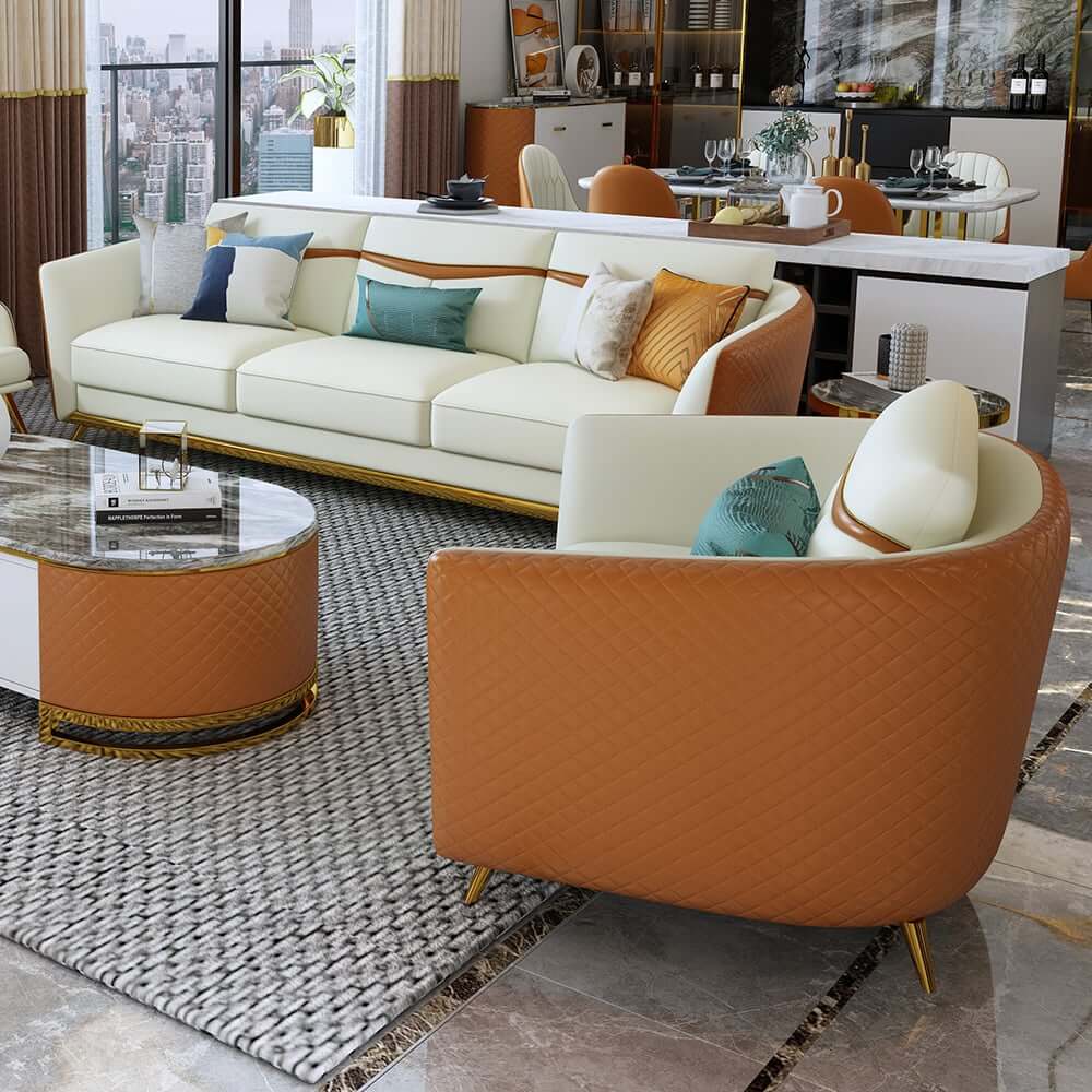 Modern Orange Faux Leather Living Room Set, 3-Piece