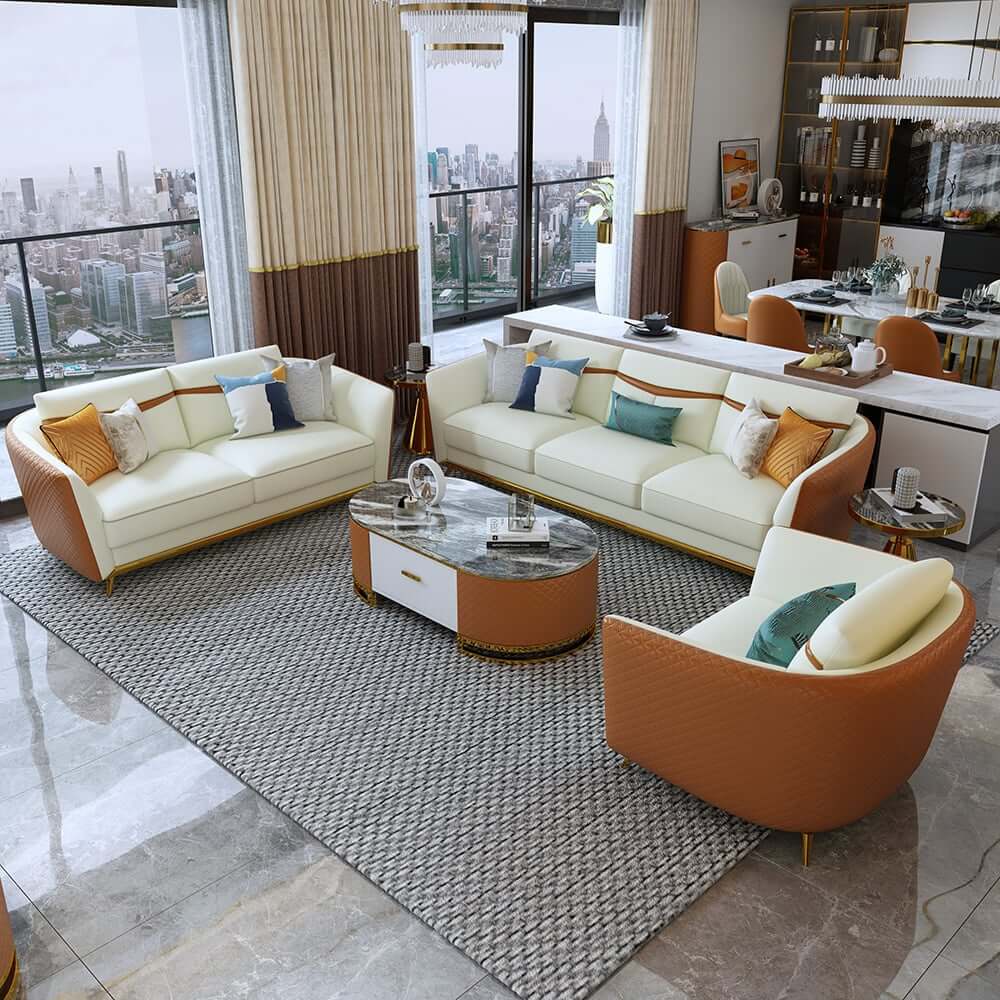 Modern Orange Faux Leather Living Room Set, 3-Piece Main Product Image