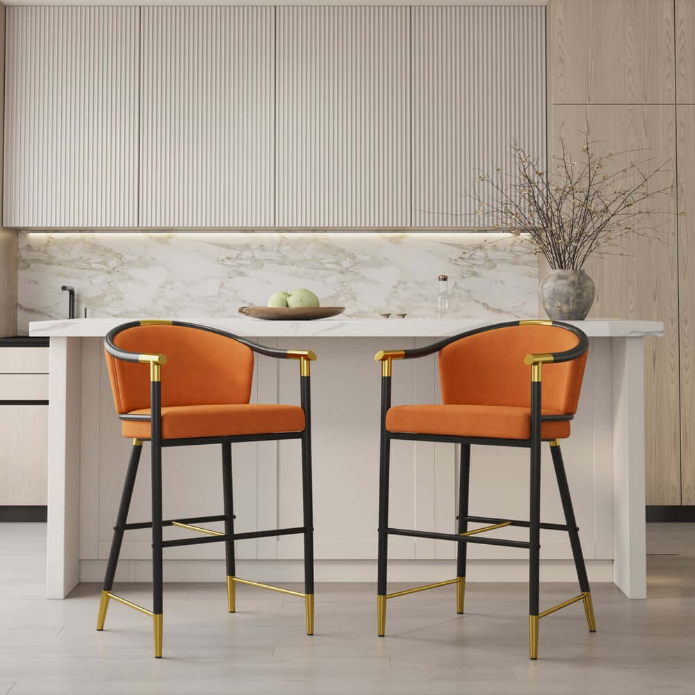 Modern Orange Velvet Bar Stool With Arms