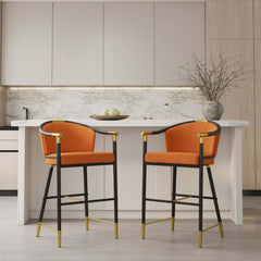 Modern Orange Velvet Bar Stool With Arms