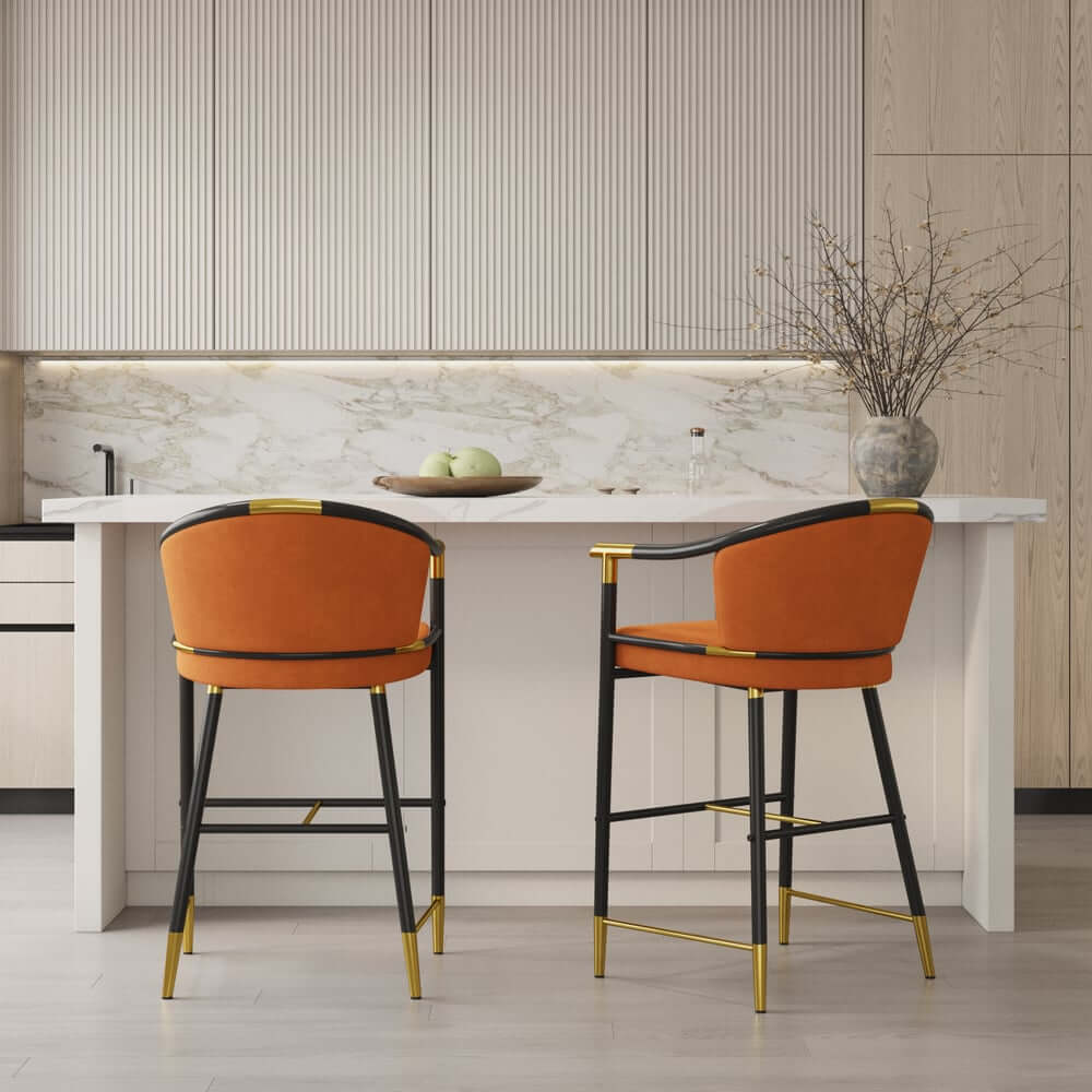 Modern Orange Velvet Bar Stool With Arms