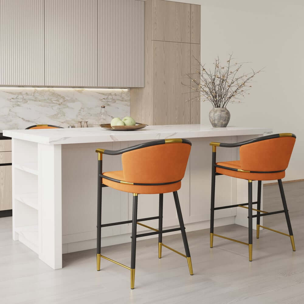 Modern Orange Velvet Bar Stool With Arms
