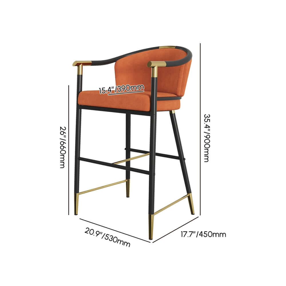 Modern Orange Velvet Bar Stool With Arms Dimensions