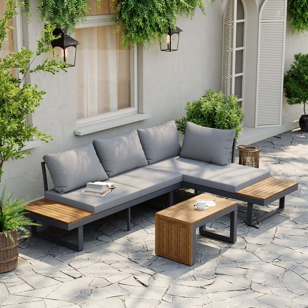 Modern Outdoor Sectional Sofa and Table Set with Acacia Wood