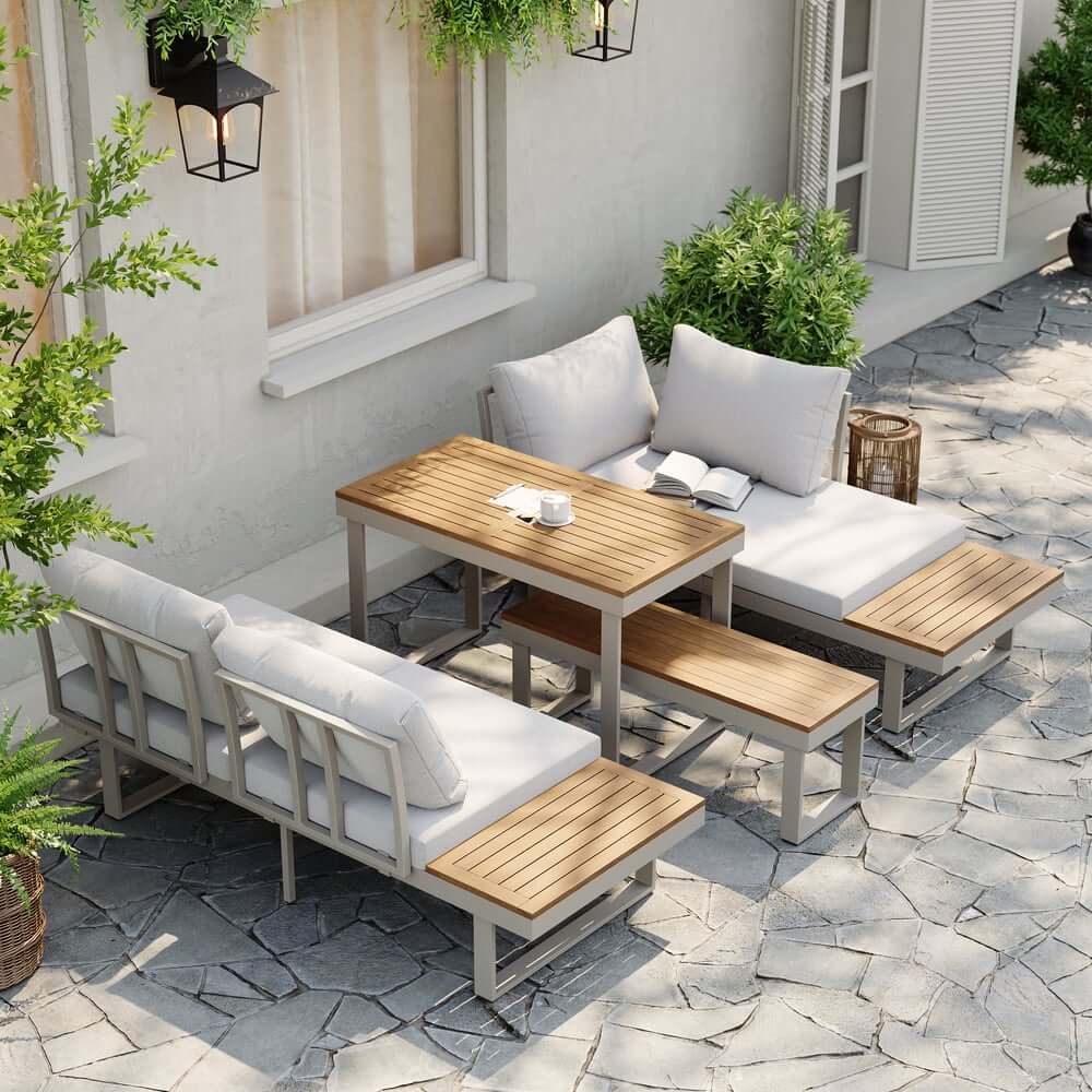 Modern Outdoor Sectional Sofa and Table Set with Acacia Wood