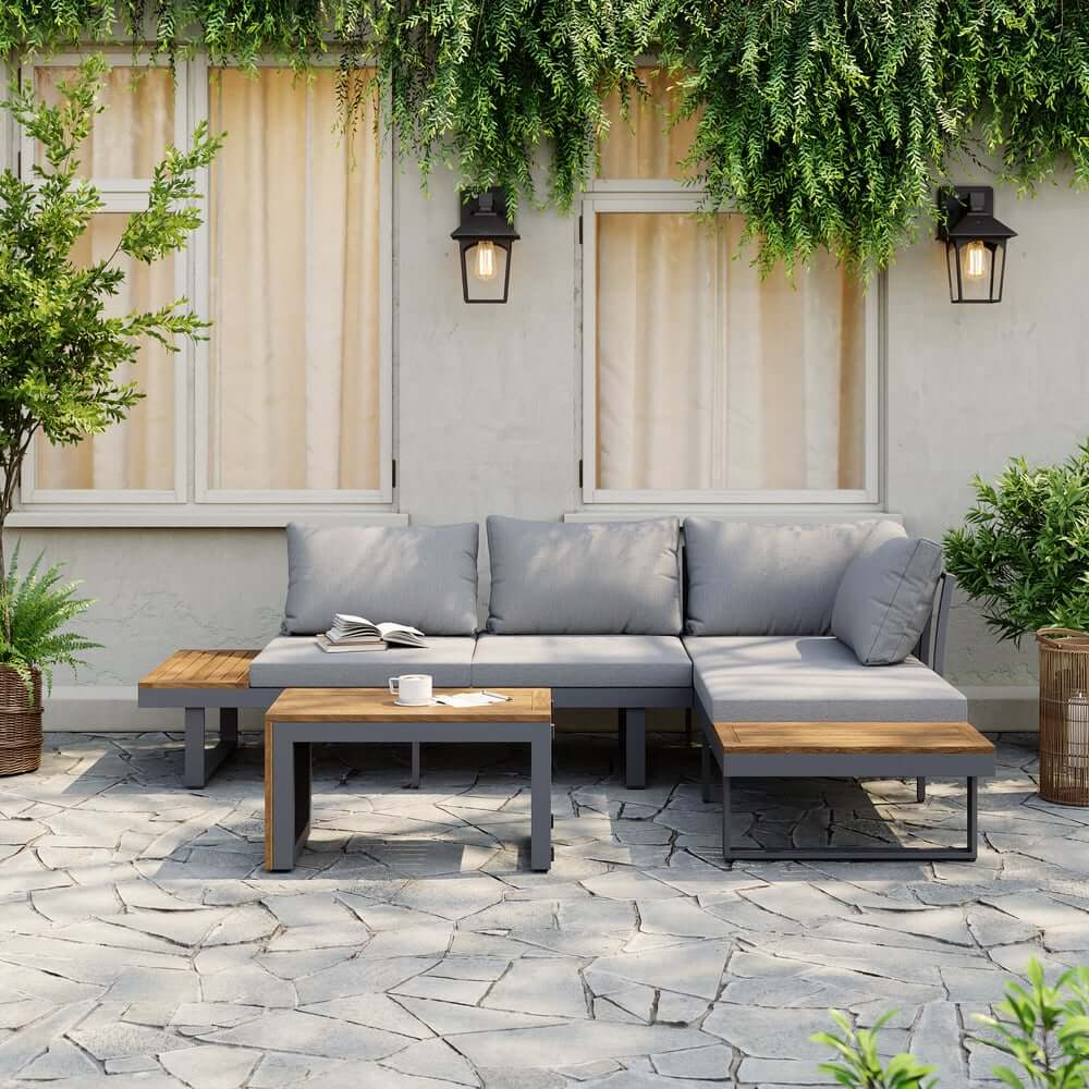 Modern Outdoor Sectional Sofa and Table Set with Acacia Wood