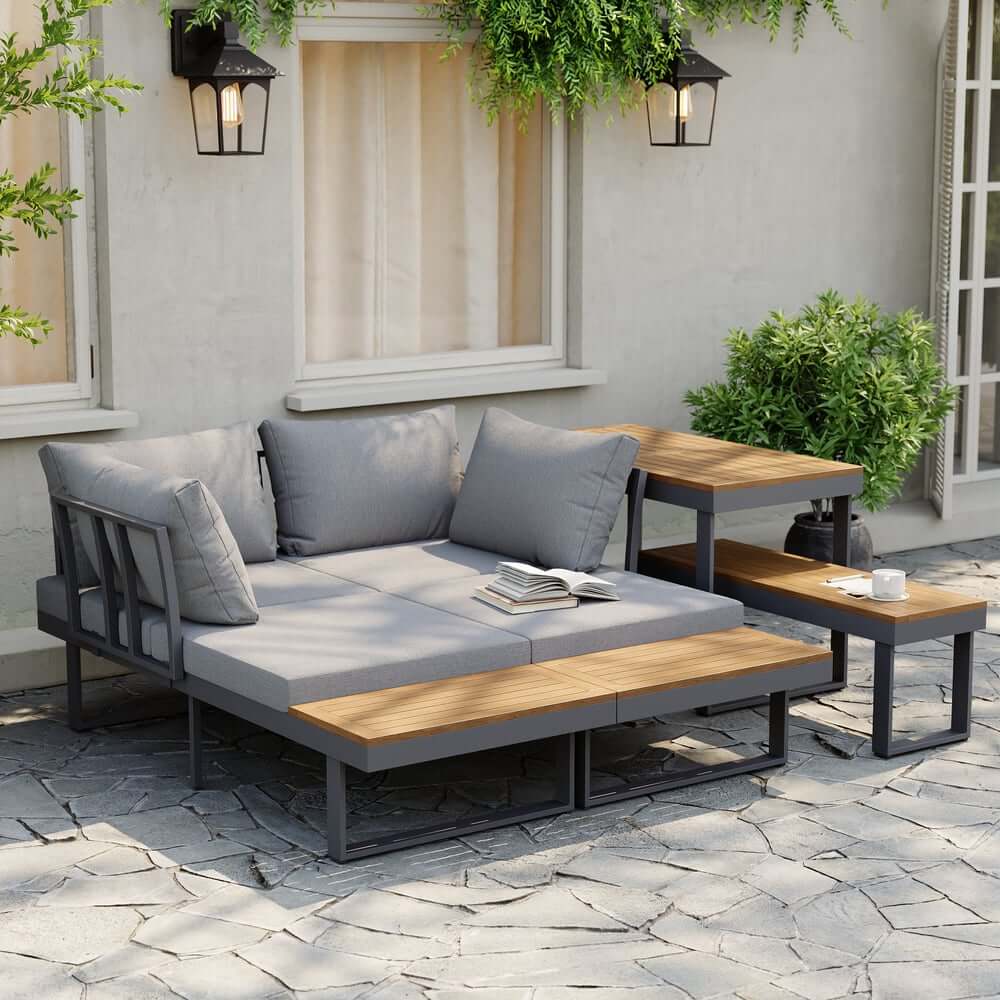 Modern Outdoor Sectional Sofa and Table Set with Acacia Wood