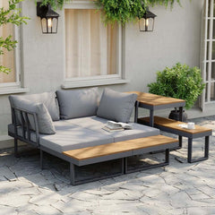 Modern Outdoor Sectional Sofa and Table Set with Acacia Wood