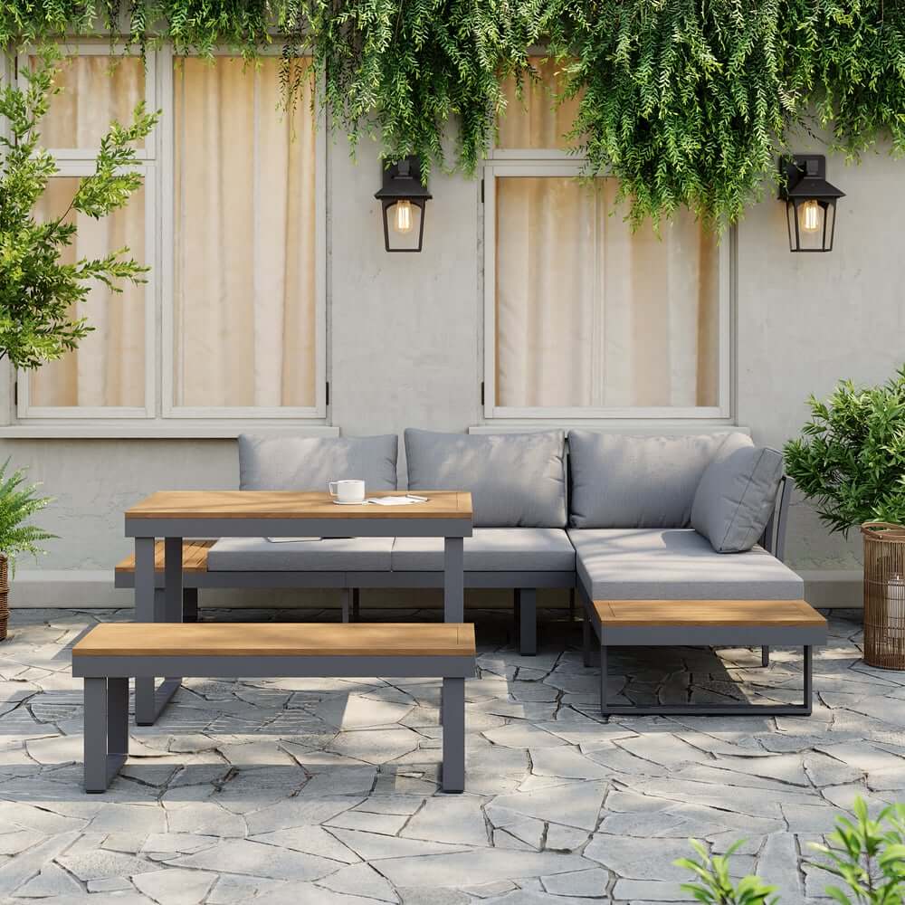 Modern Outdoor Sectional Sofa and Table Set with Acacia Wood