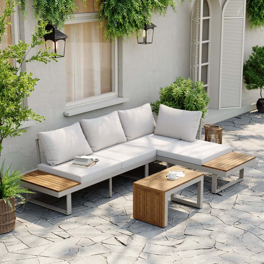 Modern Outdoor Sectional Sofa and Table Set with Acacia Wood