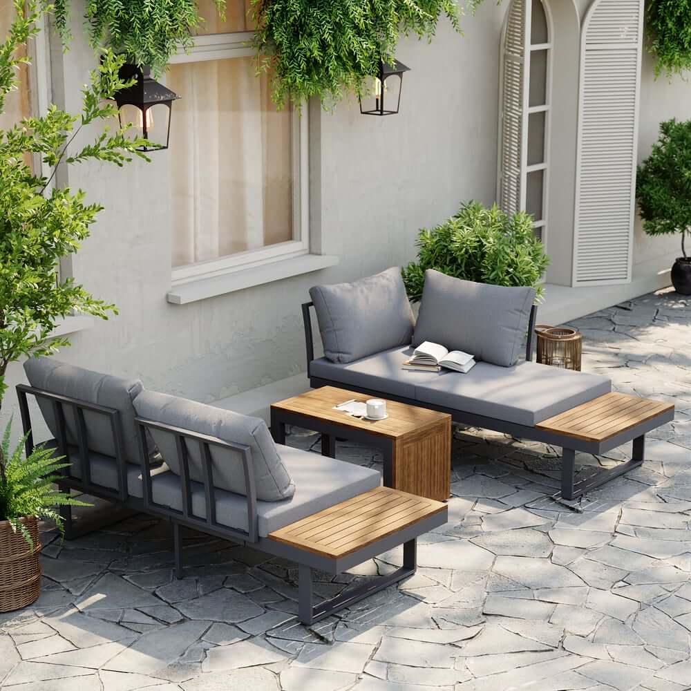 Modern Outdoor Sectional Sofa and Table Set with Acacia Wood