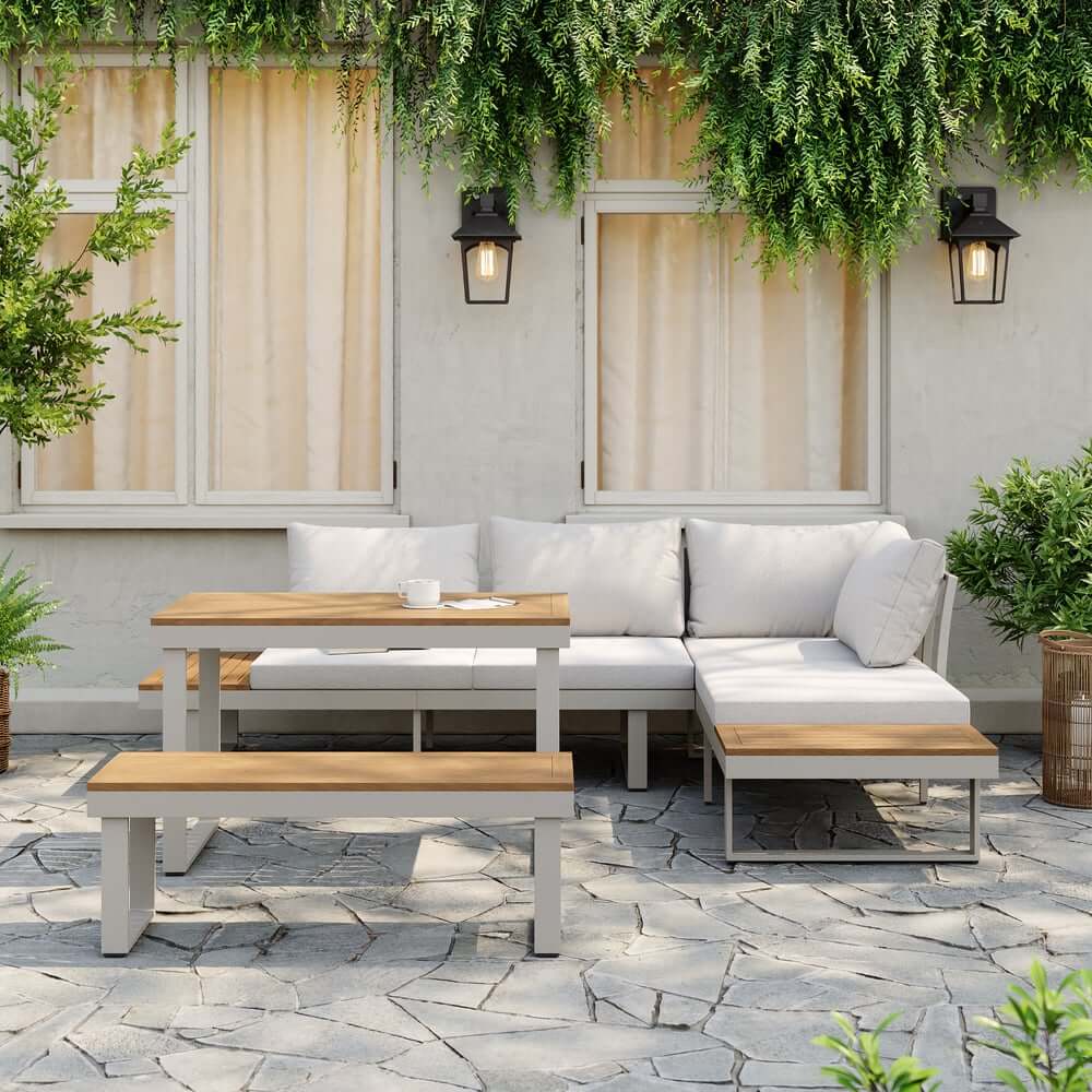 Modern Outdoor Sectional Sofa and Table Set with Acacia Wood