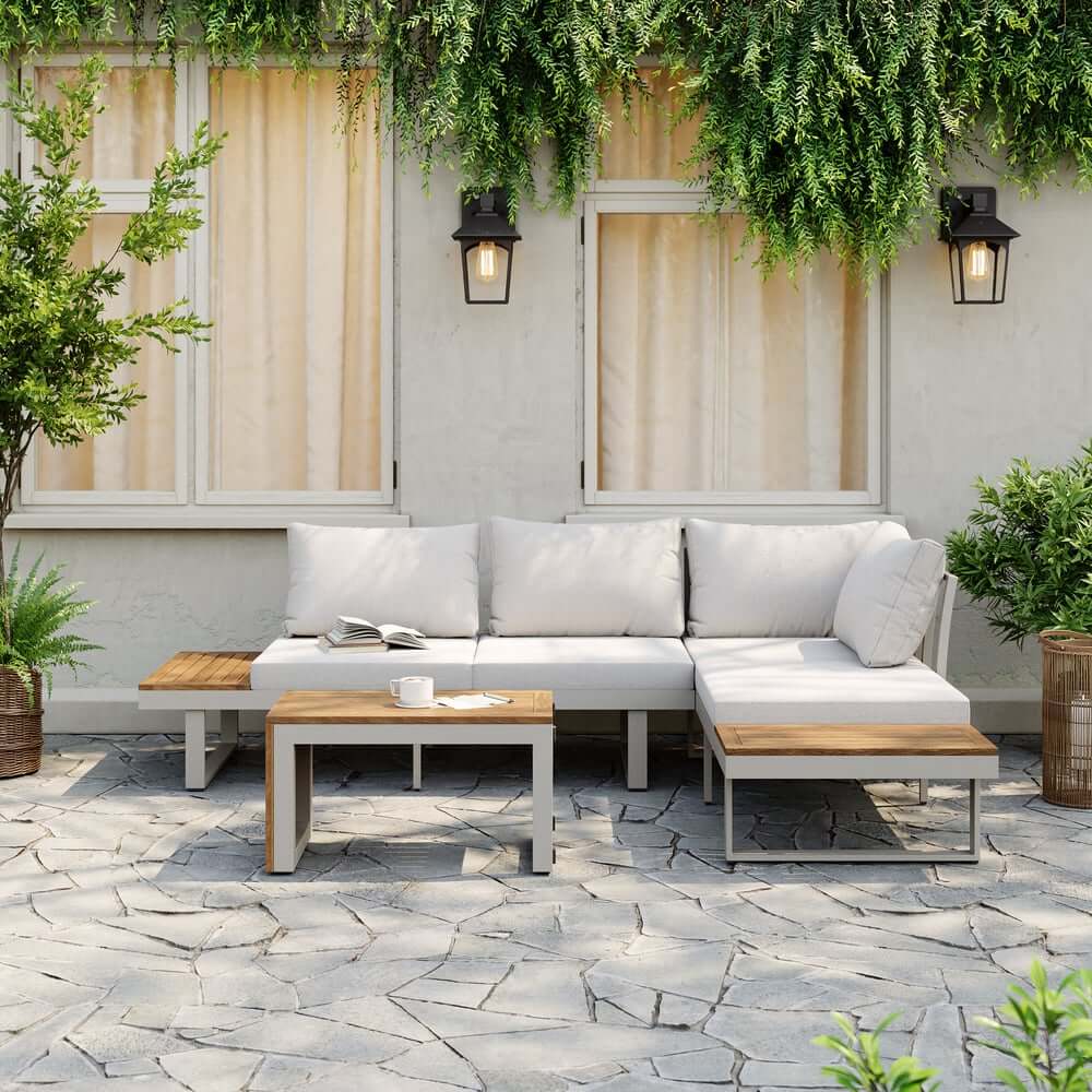 Modern Outdoor Sectional Sofa and Table Set with Acacia Wood