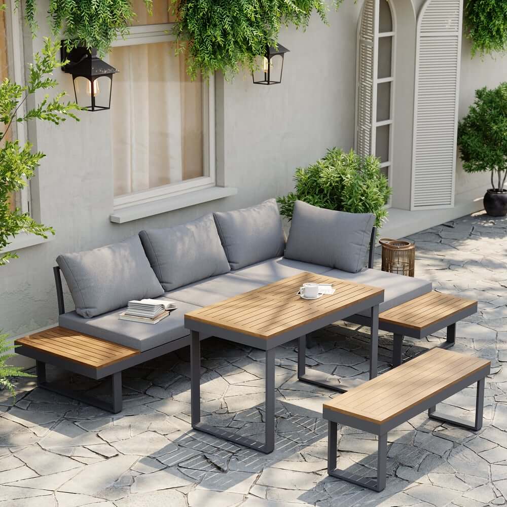 Modern Outdoor Sectional Sofa and Table Set with Acacia Wood