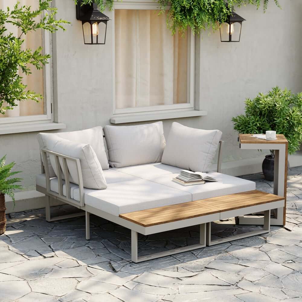 Modern Outdoor Sectional Sofa and Table Set with Acacia Wood