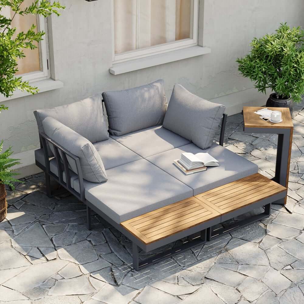Modern Outdoor Sectional Sofa and Table Set with Acacia Wood