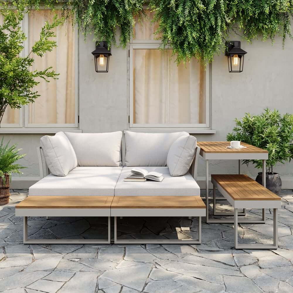 Modern Outdoor Sectional Sofa and Table Set with Acacia Wood