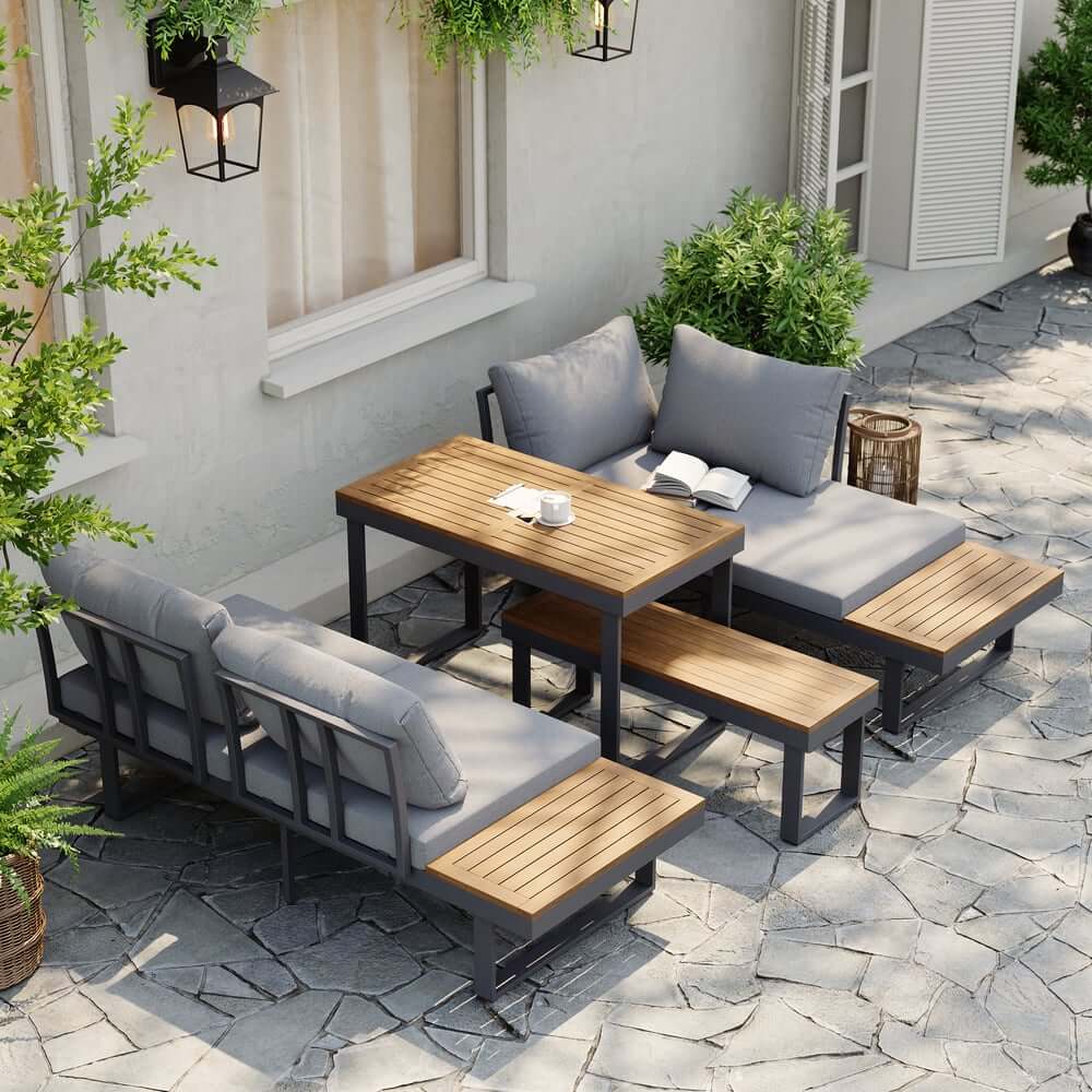 Modern Outdoor Sectional Sofa and Table Set with Acacia Wood