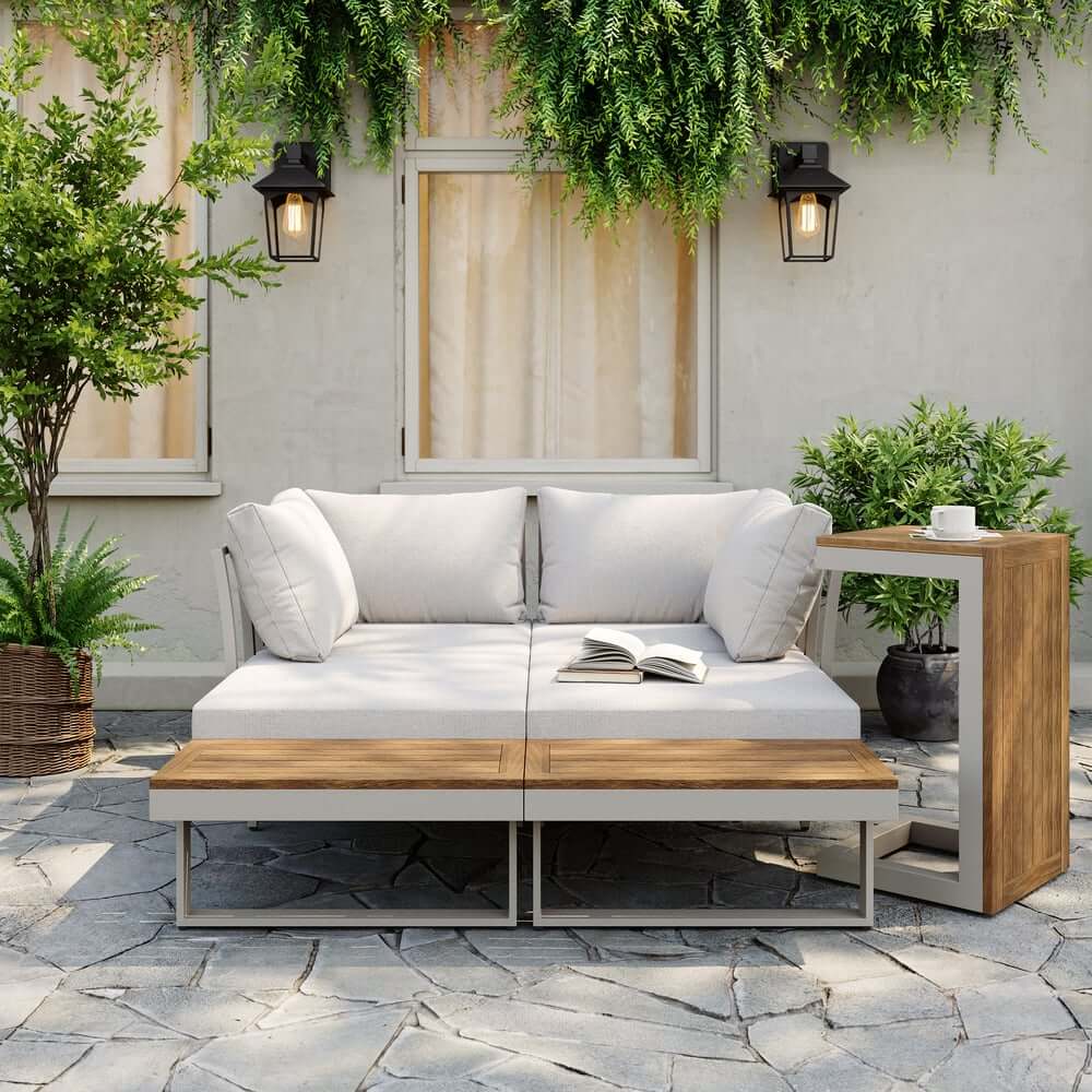 Modern Outdoor Sectional Sofa and Table Set with Acacia Wood