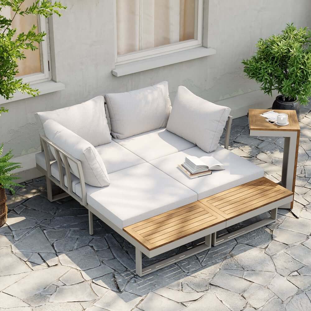 Modern Outdoor Sectional Sofa and Table Set with Acacia Wood