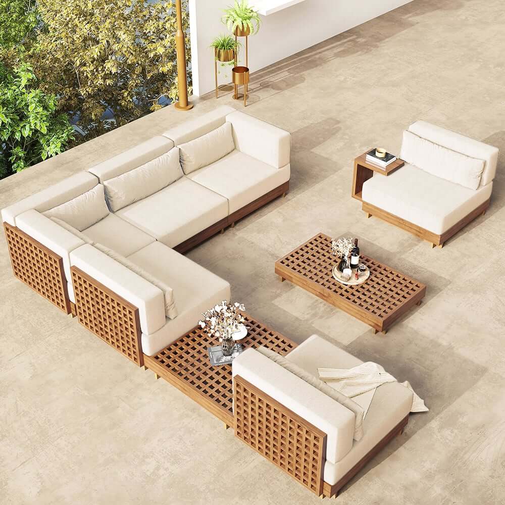 Modern Outdoor Teak Sofa Chair Set with Plush Cushions