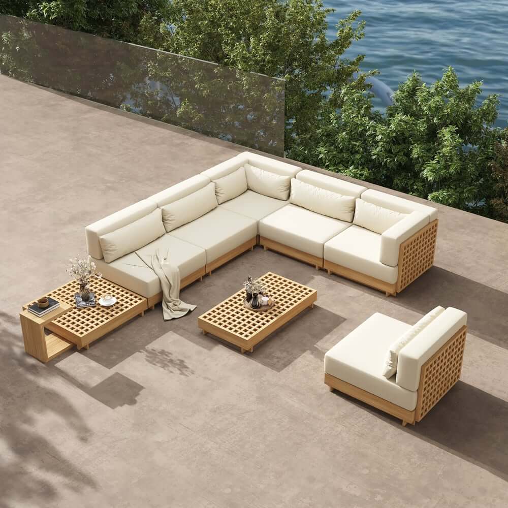 Modern Outdoor Teak Sofa Chair Set with Plush Cushions