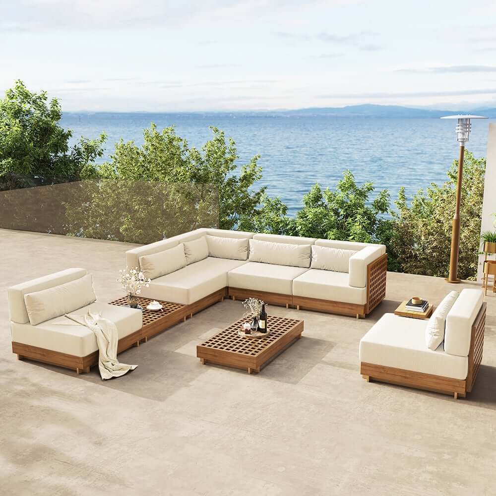 Modern Outdoor Teak Sofa Chair Set with Plush Cushions