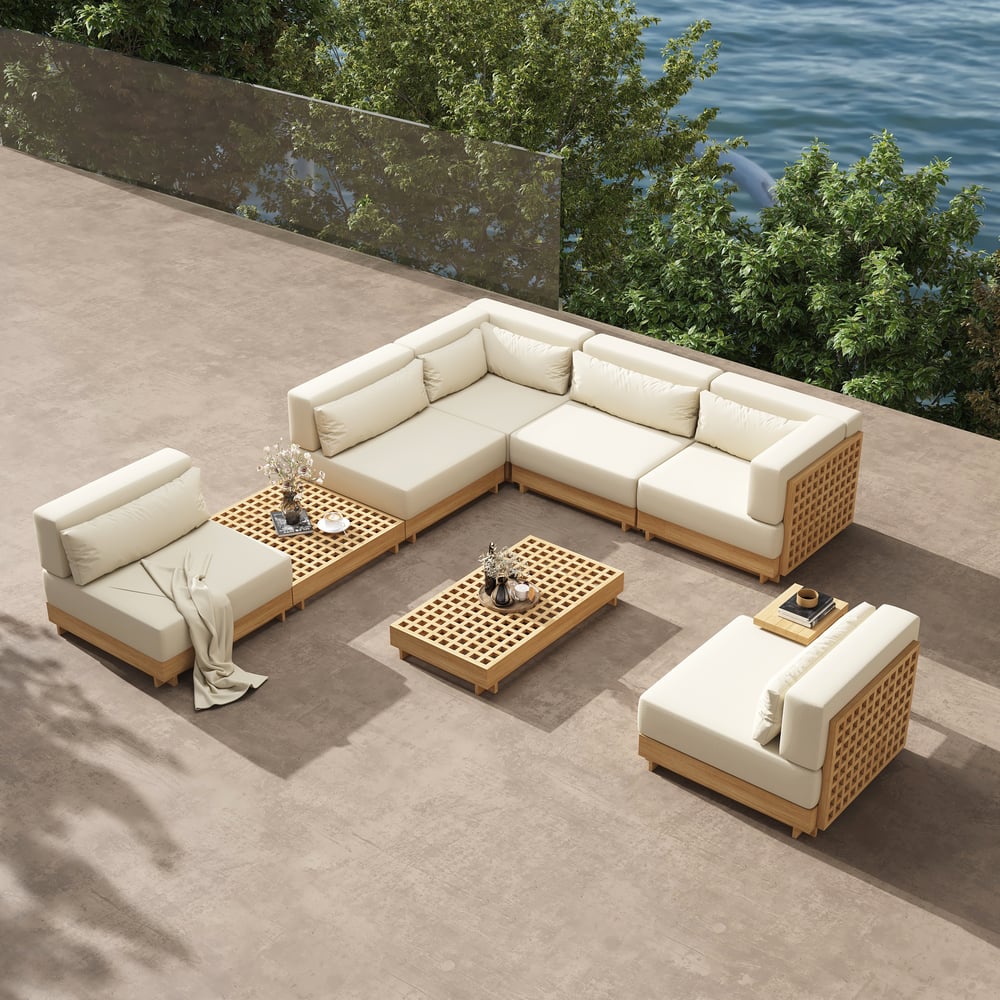 Modern Outdoor Teak Sofa Chair Set with Plush Cushions