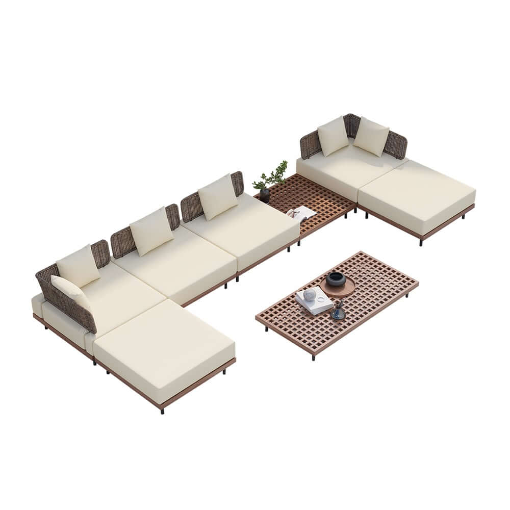 Modern Outdoor Teak Wood Fire Pit Coffee Table Set for 6