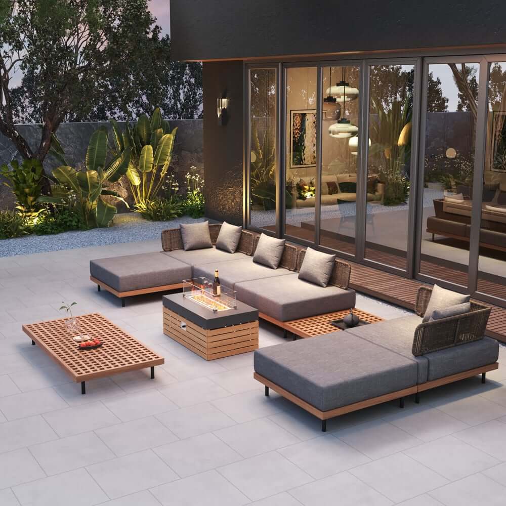 Modern Outdoor Teak Wood Fire Pit Coffee Table Set for 6
