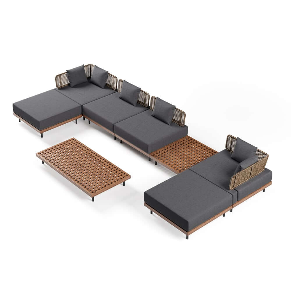 Modern Outdoor Teak Wood Fire Pit Coffee Table Set for 6