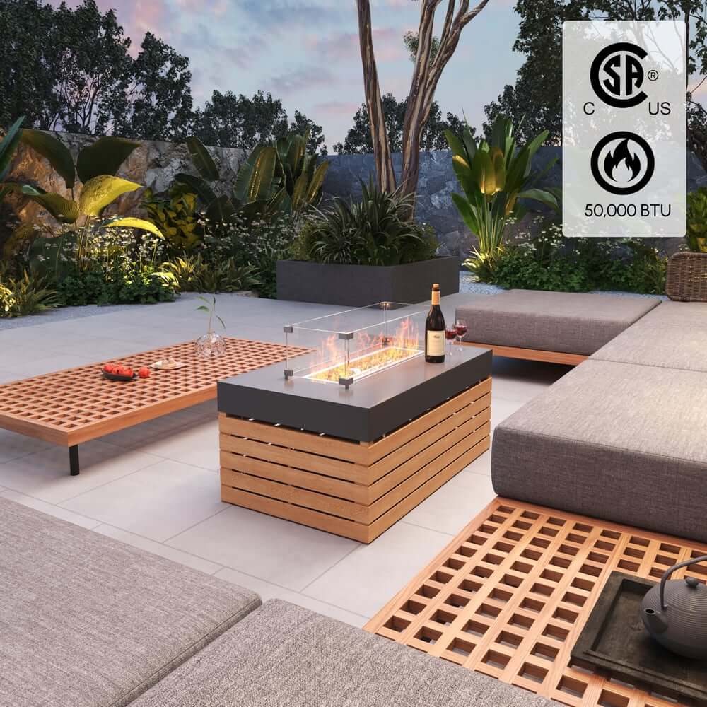 Modern Outdoor Teak Wood Fire Pit Coffee Table Set for 6