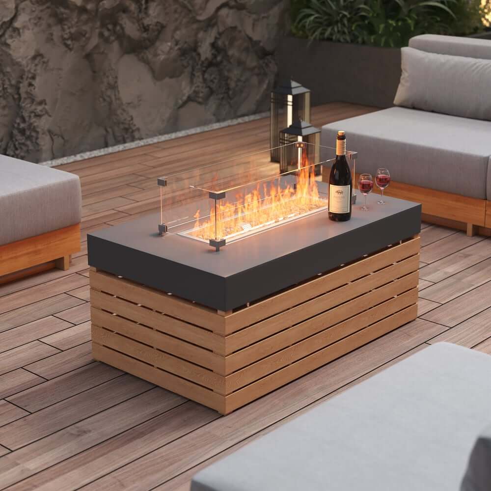 Modern Outdoor Teak Wood Fire Pit Coffee Table Set for 6