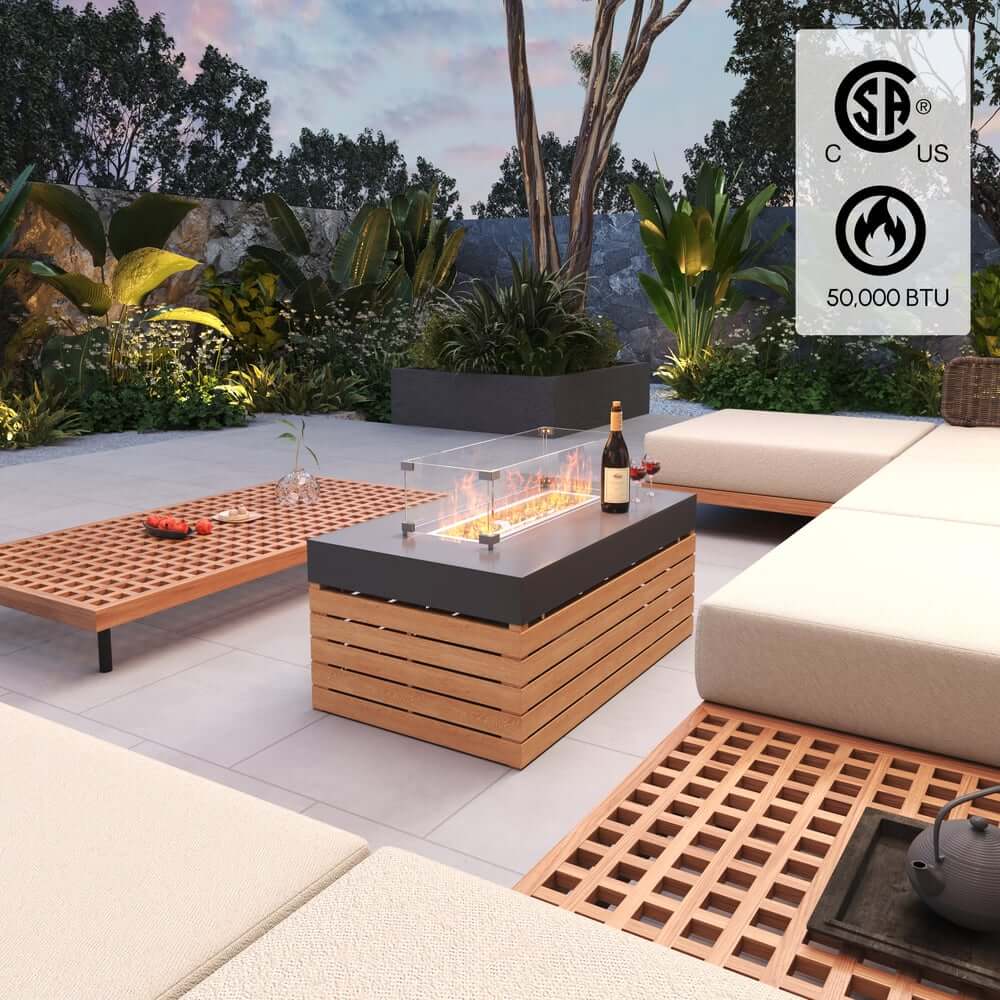 Modern Outdoor Teak Wood Fire Pit Coffee Table Set for 6