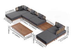 Modern Outdoor Teak Wood Fire Pit Coffee Table Set for 6 Dimensions