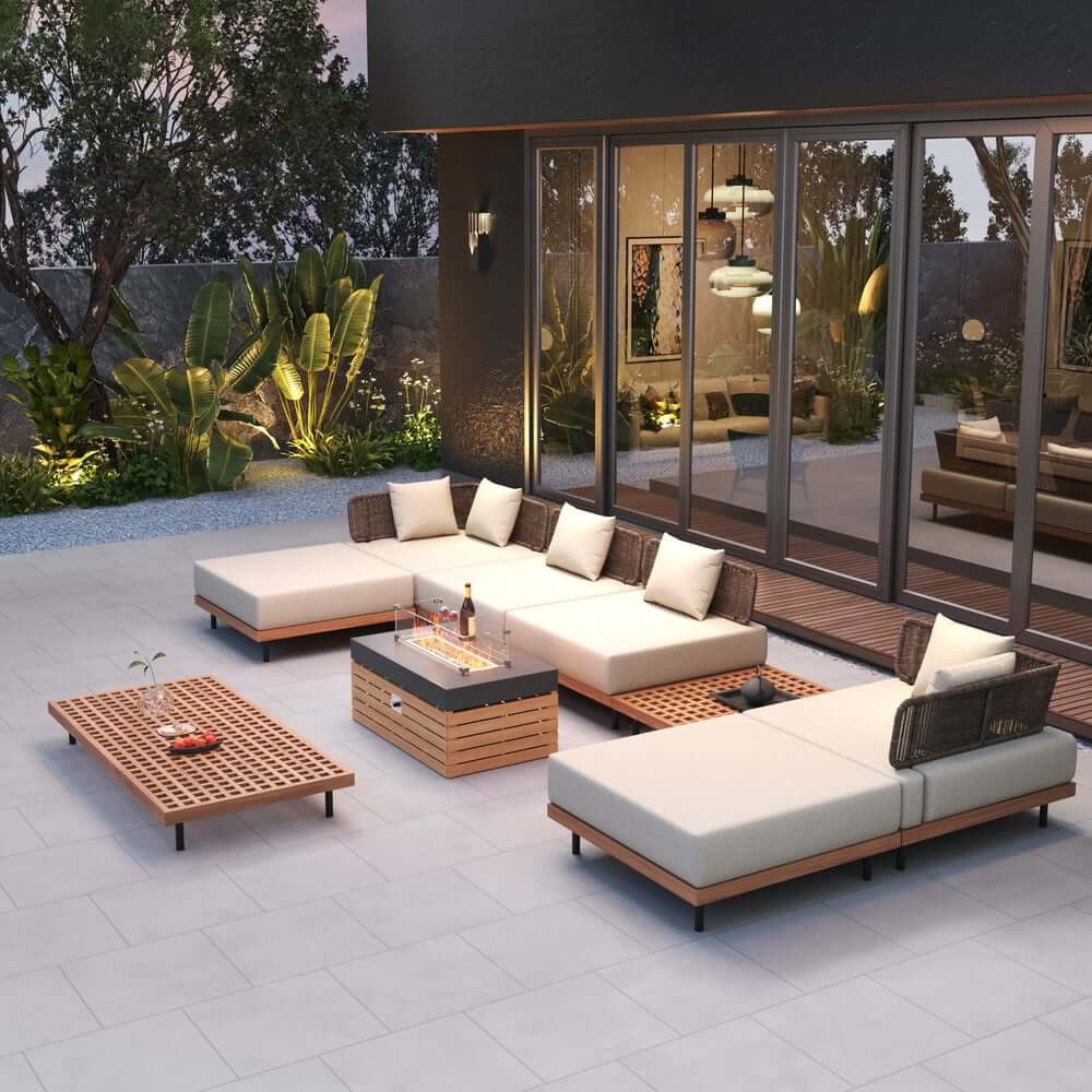 Modern Outdoor Teak Wood Fire Pit Coffee Table Set for 6 Main Product Image
